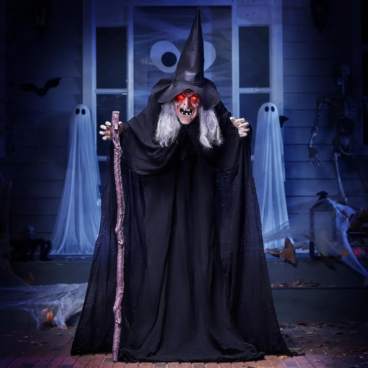 72" Animatronics Witch Outdoor Halloween Decorations with Cane Life Size Animated Ghost Haunted House Prop Décor with Creepy Sound and Light-up Eyes, Party Supplies