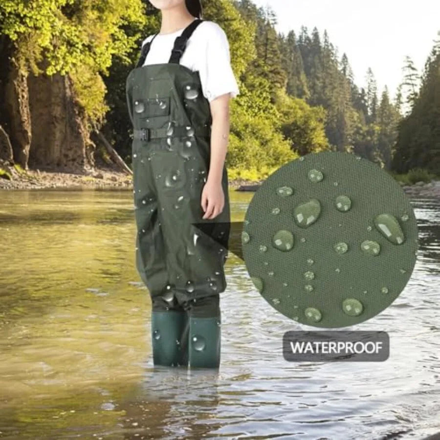 Hunting and fishing chest waders with boots, 2-ply PVC/nylon waterproof material, camo color, lightweight and durable