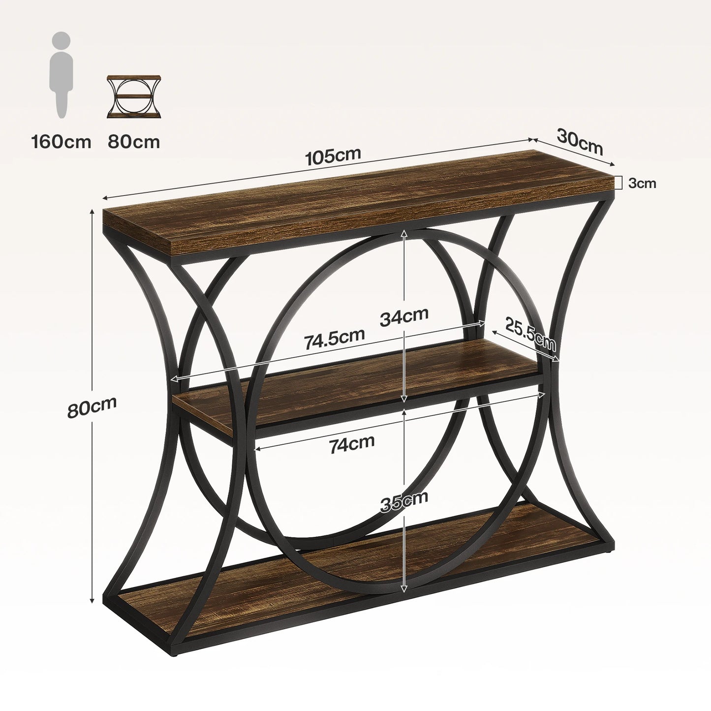 Tribesigns 43.34-Inch Industrial Console Table, 3-Tier Sofa Table with Arched Metal Frame, Narrow Accent Entryway Tables with Storage Shelf for Living Room, Behind Couch, Hallway, Foyer, Small Spaces