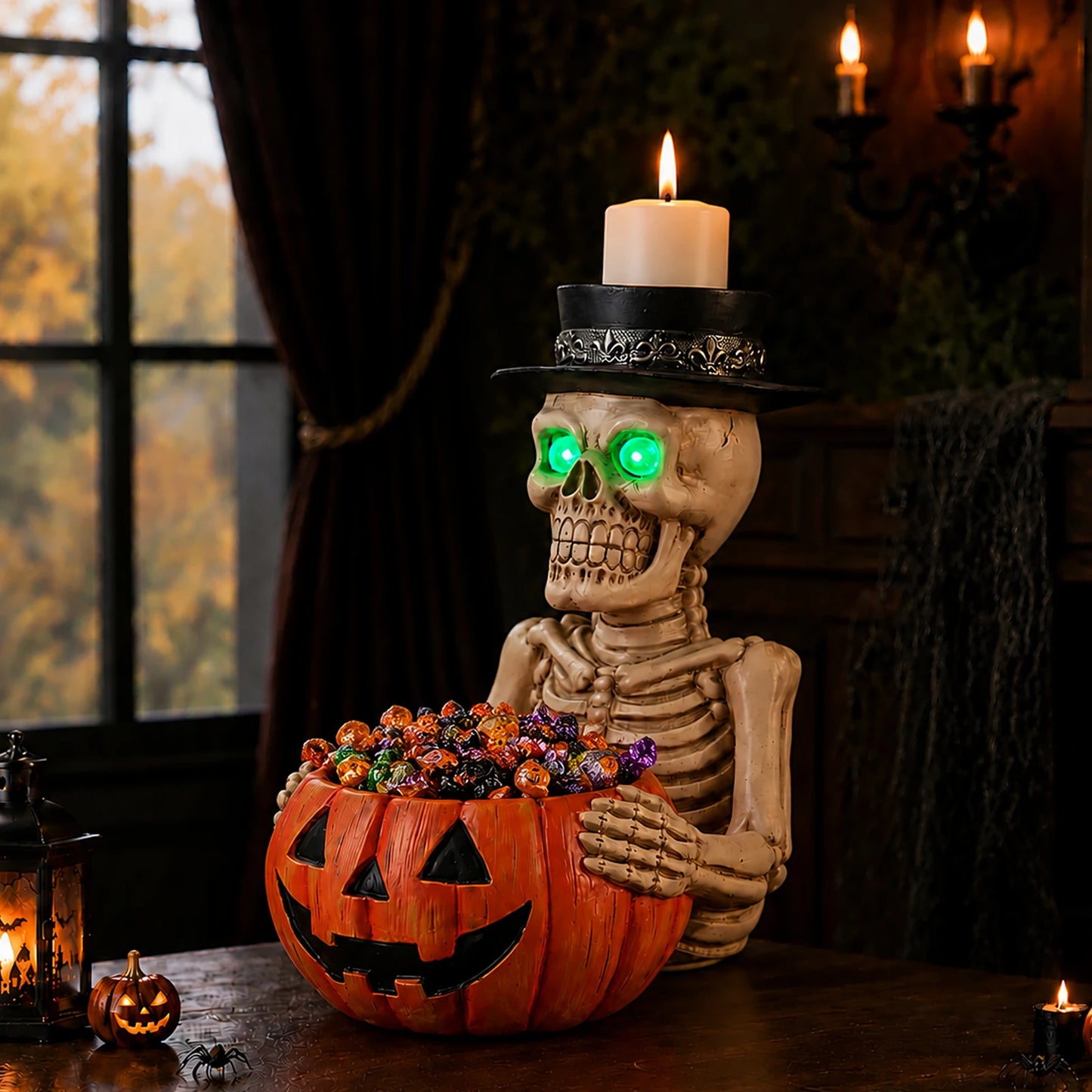 Halloween Skeleton Figurine with Pumpkin Candy Bowl & Candle Holder, Spooky Table Decor for Halloween