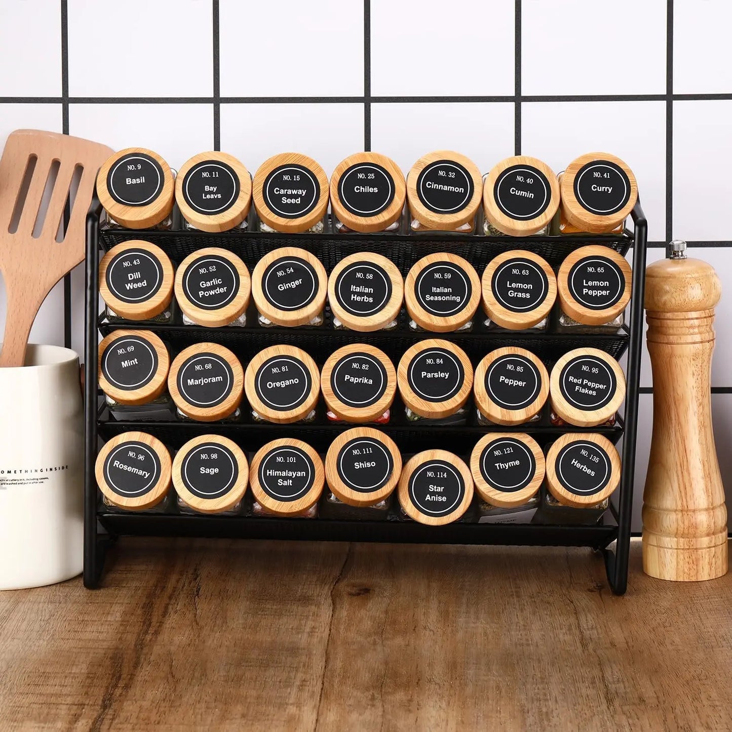Glass Spice Jars With Bamboo Lids Labels And 24 Piece Organizer Set