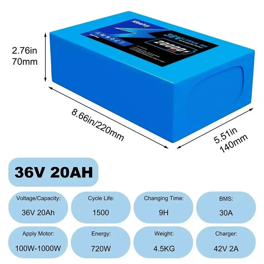 Aleaivy 36V 48V Li Ion Ebike Battery Pack 10Ah 14Ah 20Ah With Charger