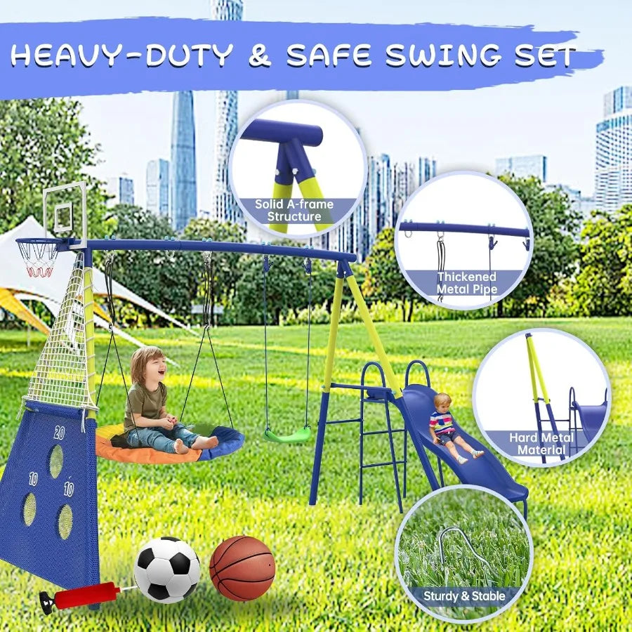 Outdoor Heavy-Duty Metal Swing Set for Backyard with Slide 5 in 1 Playset 440lbs Capacity Red Swing Seat Saucer Belt Swing Socc