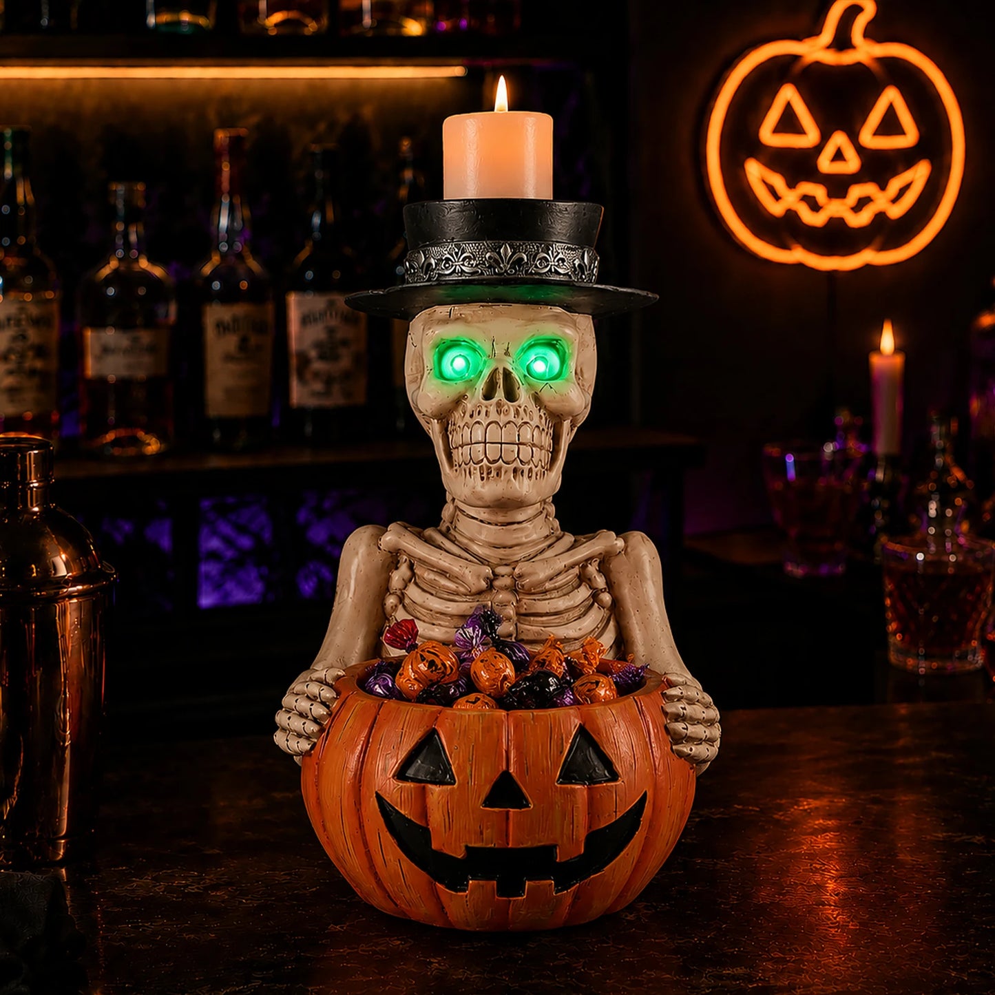 Halloween Skeleton Figurine with Pumpkin Candy Bowl & Candle Holder, Spooky Table Decor for Halloween