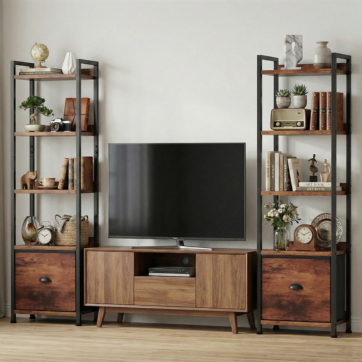 Metal Five Tier Freestanding Bookshelf With Fabric Storage Drawers