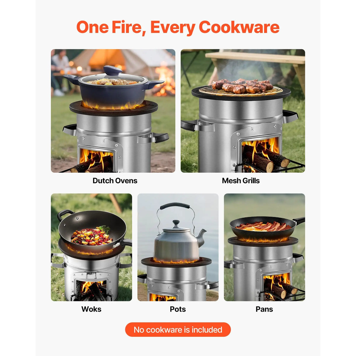 Camping Rocket Stove, Wood Burning Portable Rocket Stove with Carrying Bag for Backpacking, Stainless Steel, Single Door, Burn Wood, Twigs or Sticks for Outdoor Cooking, Backyard, Camp Cooking,Silver