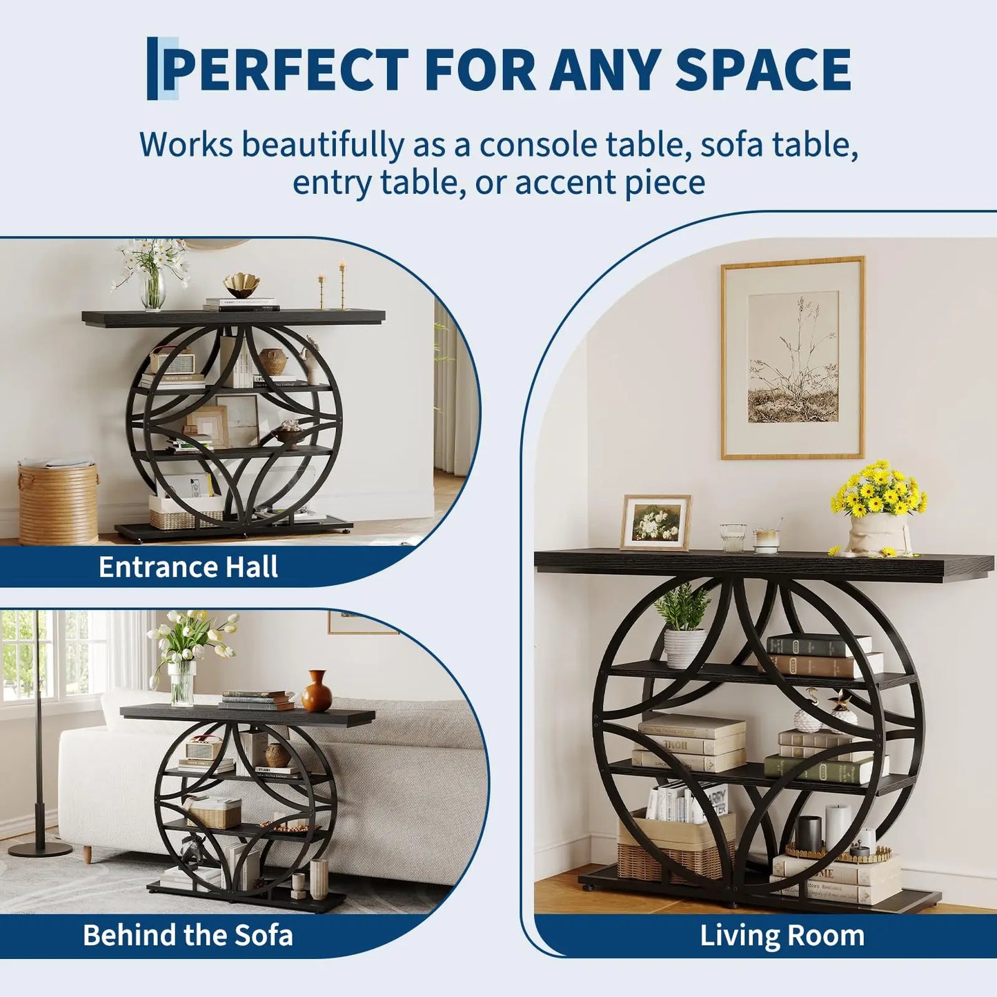 41.3 Inch Console Table With Circle Metal Base, 4 Tier Narrow Entryway Sofa Table, Industrial Hallway Accent Table