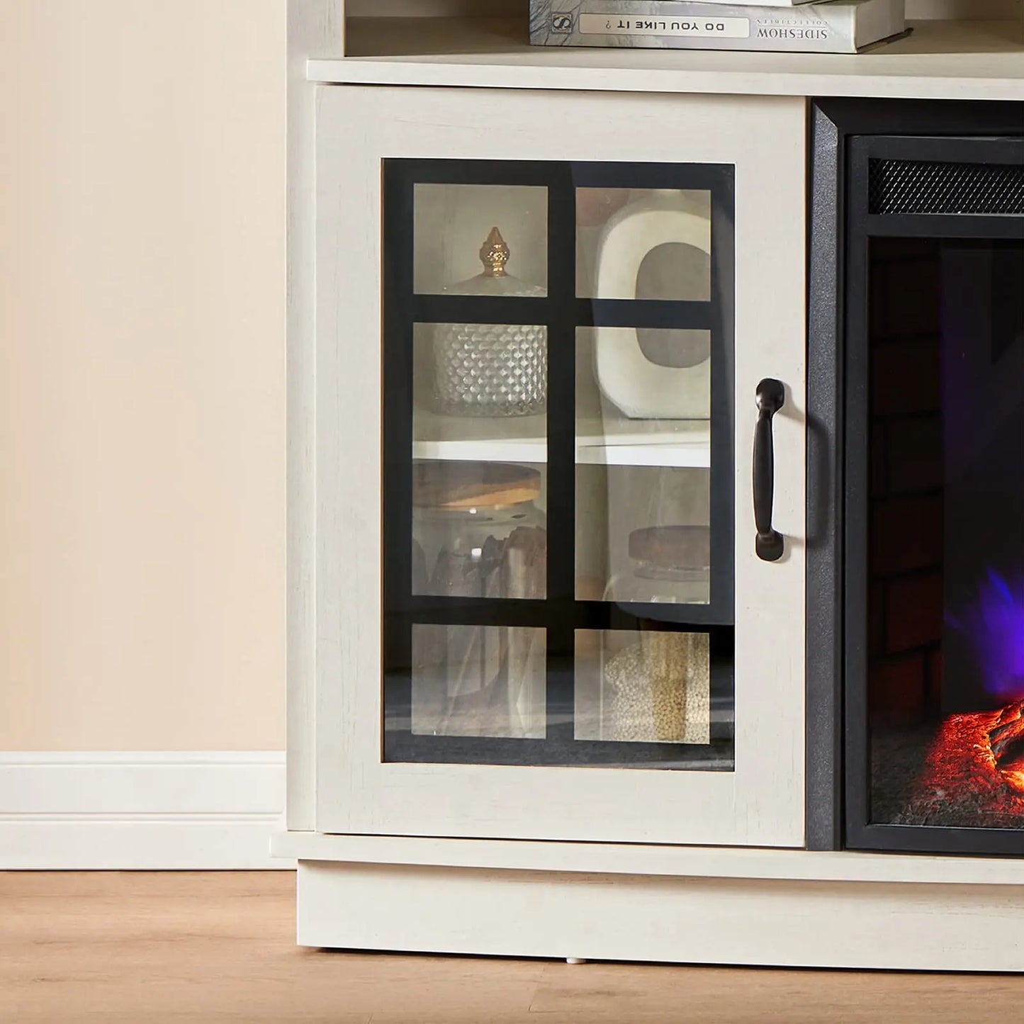 Curved Electric Fireplace TV Stand With Glass Door Storage