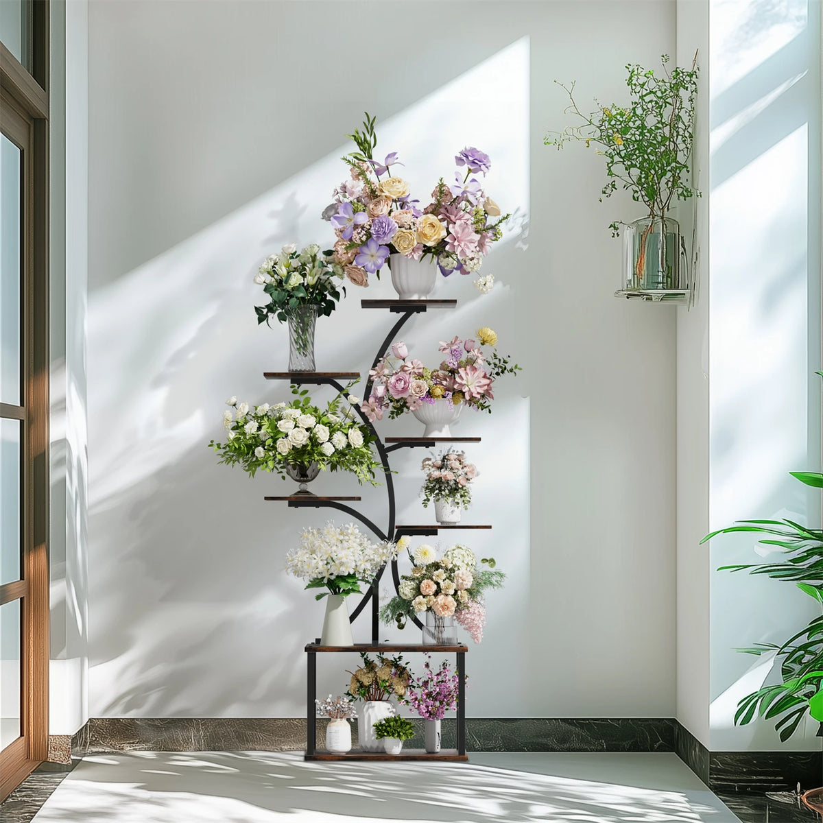 Tree Shaped Metal Plant Stand with Pot Display and Lights