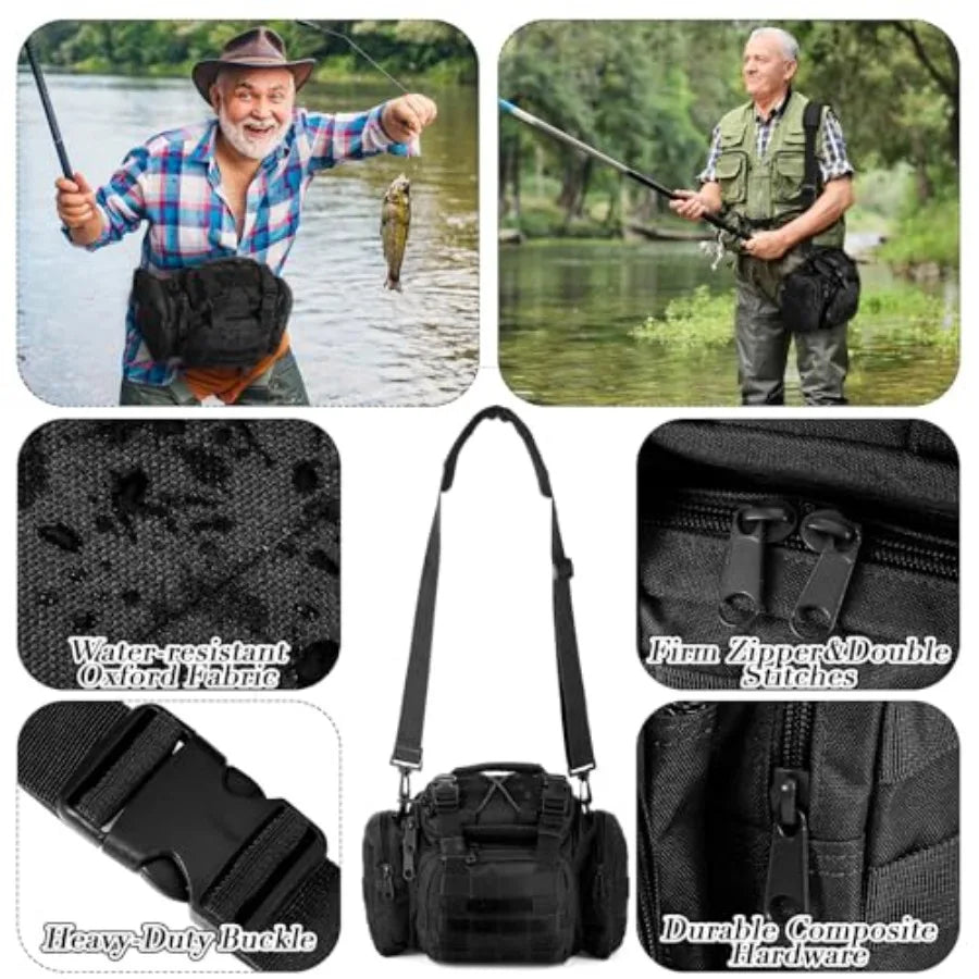 Fishing backpack for outdoor use, nylon material, black color, 464 pcs capacity with tackle boxes and gear accessories includin