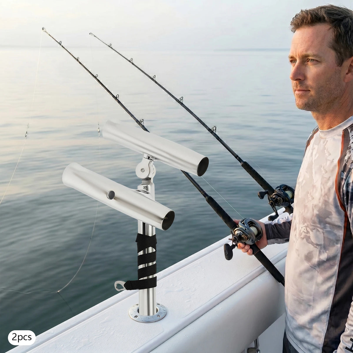 Fishing Rod Holders, 2pcs Double Ended Fishing Rod Holder, Rod Rack, Stainless Steel Adjustable Bracket for Boats, Dual Rod Design, Non-Slip Rubber Padding, 75cm Nylon Strap, Easy Install, Portable Secure Support for Railings