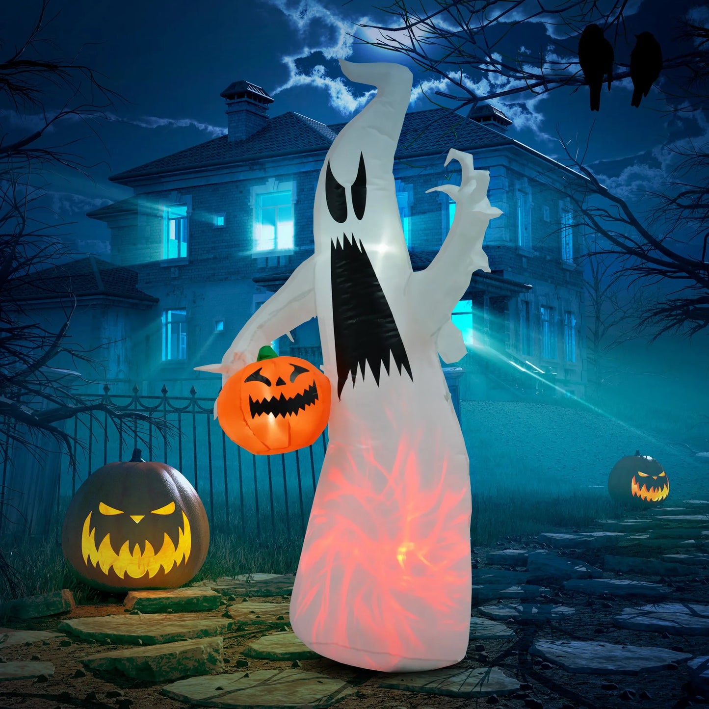5.9' Halloween Inflatable Outdoor Decoration Ghost with Pumpkin, Blow Up LED Yard Decor for Garden, Lawn, Party, Holiday, Waterproof, Red
