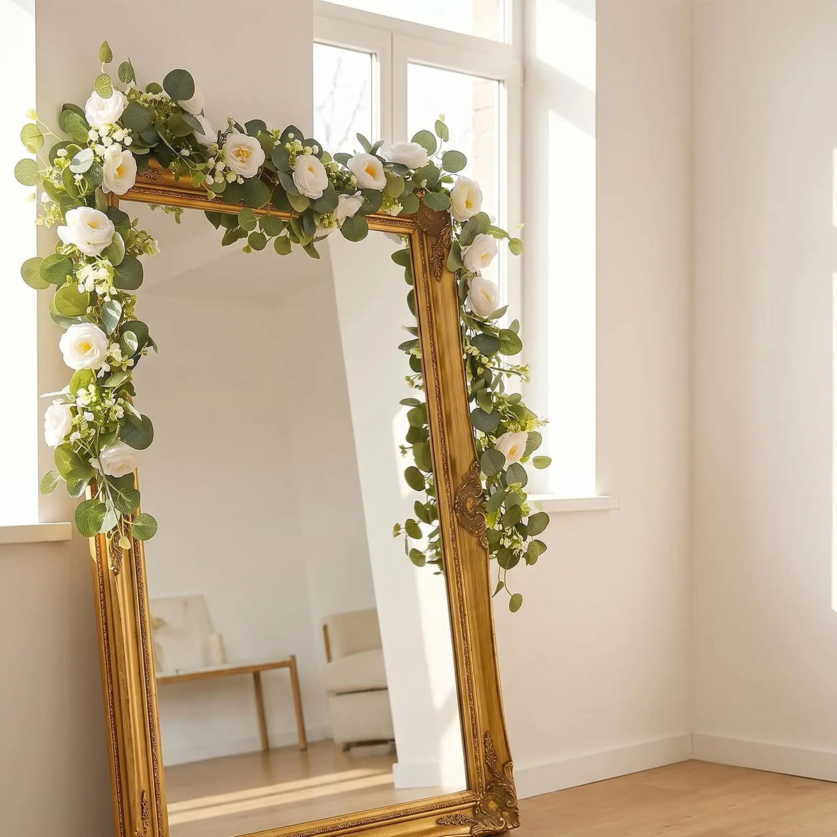 4-Pack Artificial White Austin Rose Eucalyptus Garland, 71in Silk Flower Vine Realistic Faux Greenery Swag Flexible Plastic Stems for Wedding Arch Party Table Runner Decor
