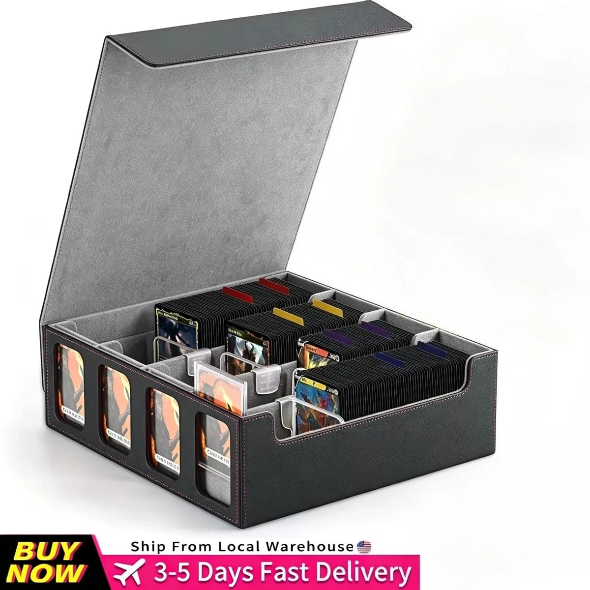 Ultra-Capacity 4-Row Trading MTG Card Storage Box with Display, Holds 3000+ Cards with Dividers & Card Holders, PU Leather Commander Deck Box for MTG, YuGiOh, TCG Deck Box, Sport Cards