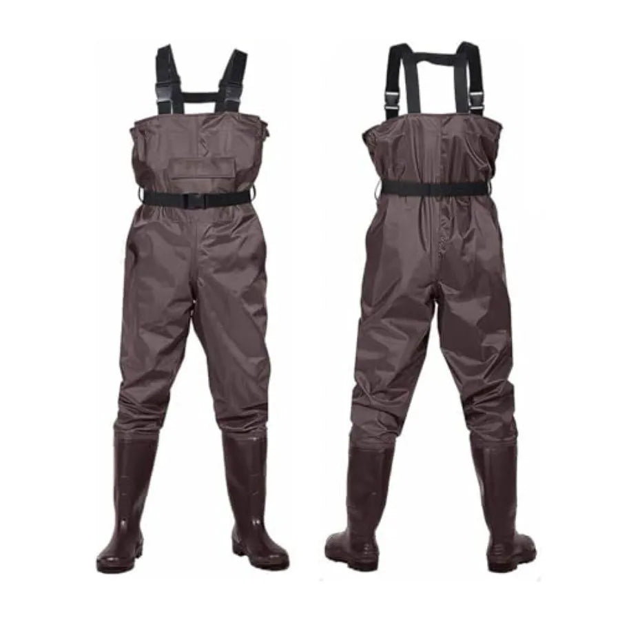 Hunting and fishing chest waders with boots, 2-ply PVC/nylon waterproof material, camo color, lightweight and durable