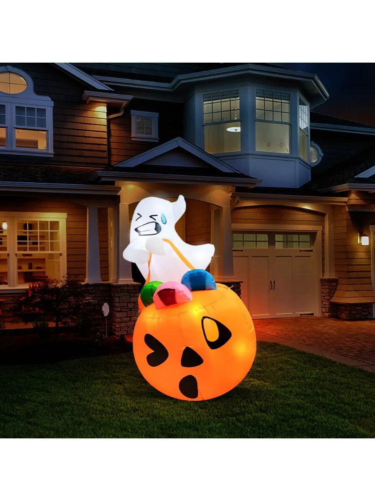 5 FT Tall Halloween Inflatables Outdoor Decorations Inflatable Cute Ghost Halloween Decor Outdoor Blow Up Ghost Lift Pumpkin Candy Bag with Build-in LEDs for Yard Decorations