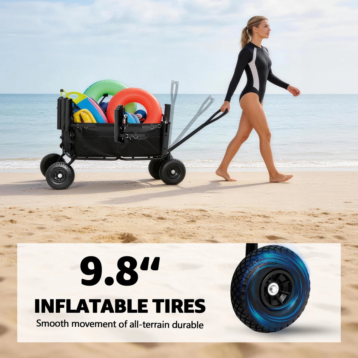 BHB Beach Fishing Cart, Beach Wagon Trolley, Foldable Beachs Trailer, 352 lbs Load Capacity, 6 Fishing Rods Holder, Durable Oxford Bag