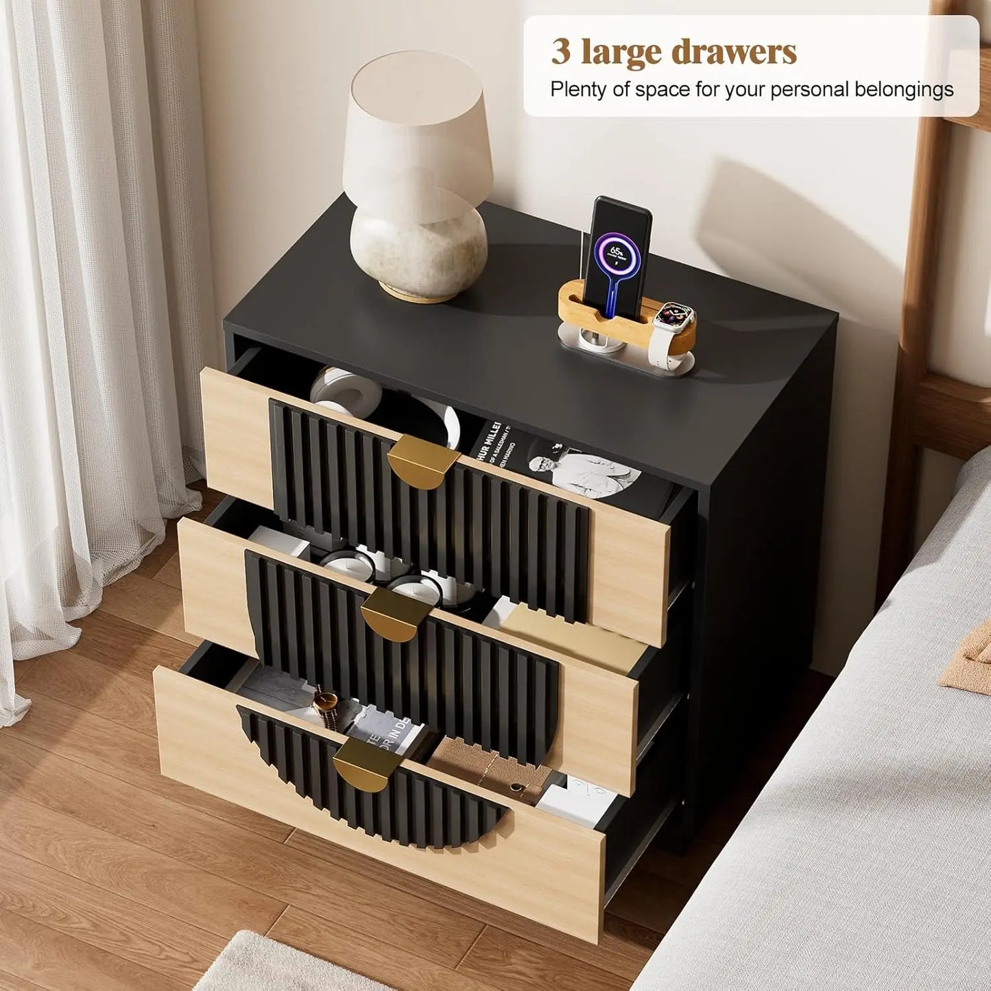 3 Drawer Nightstand With Charging Station Wood Bedside Table