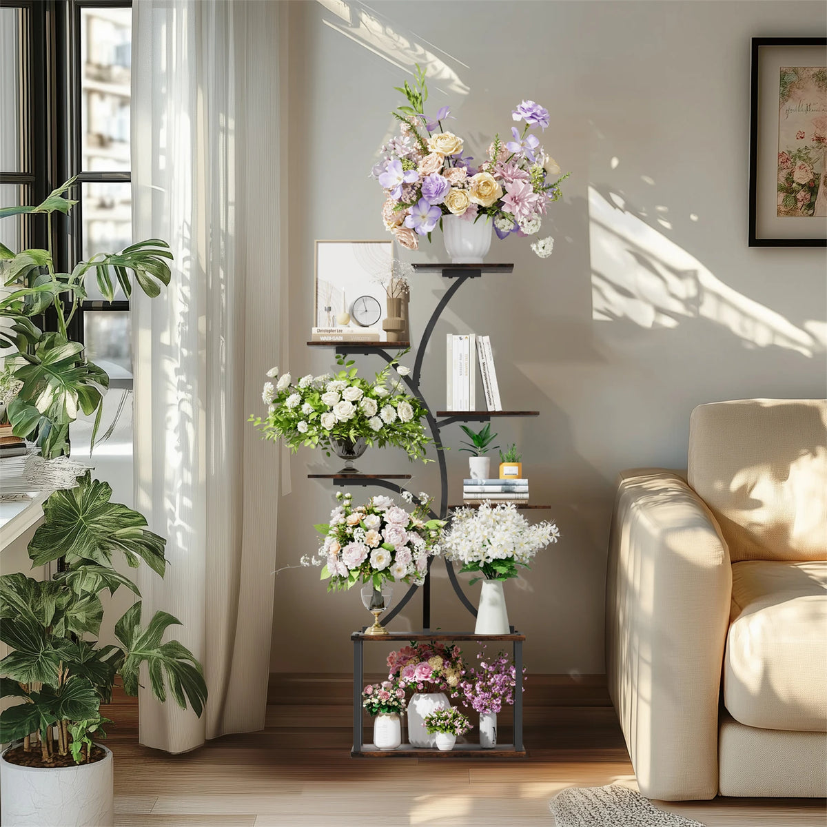 Tree Shaped Metal Plant Stand with Pot Display and Lights