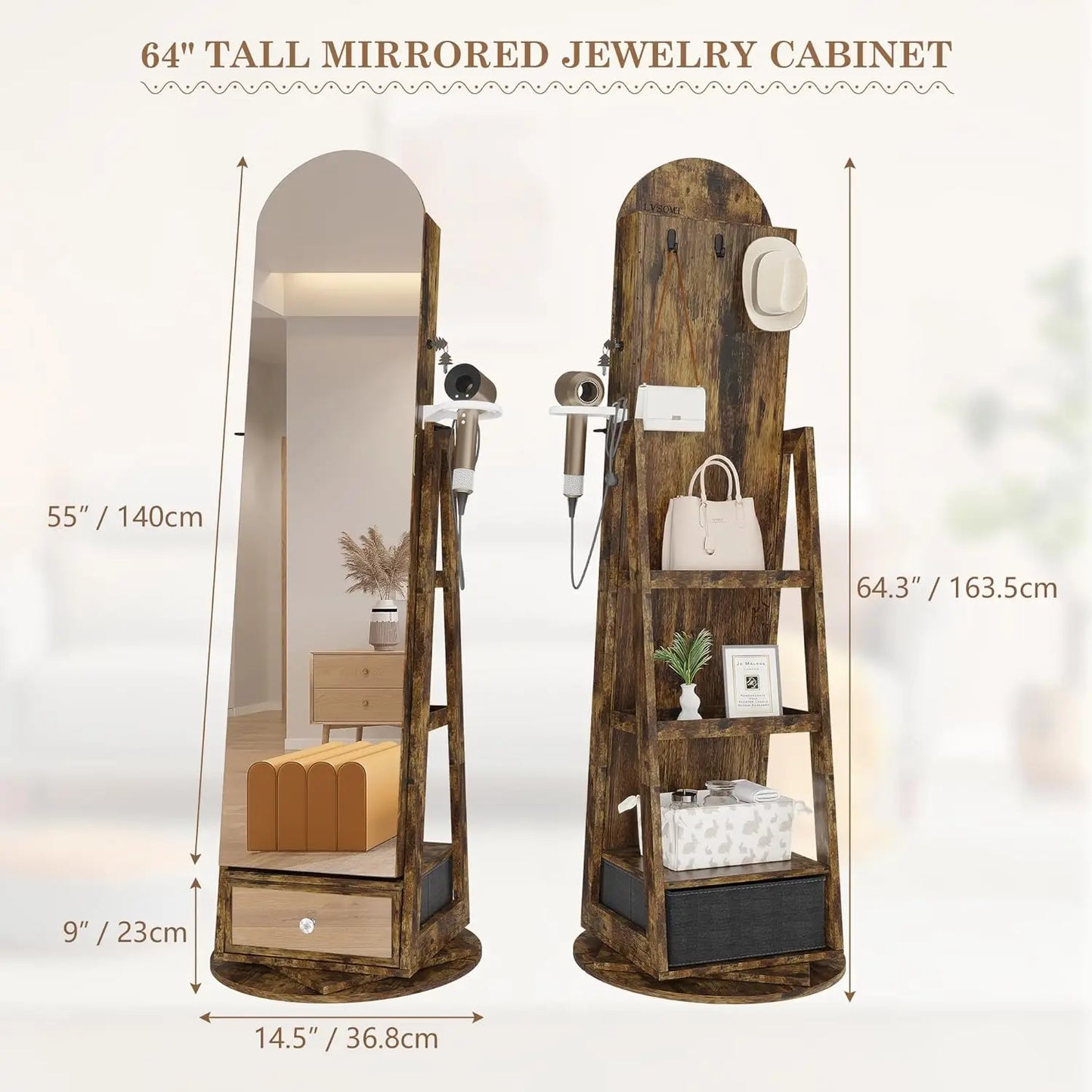 MOYU 360 Degree Swivel Arched Jewelry Mirror Cabinet with LED