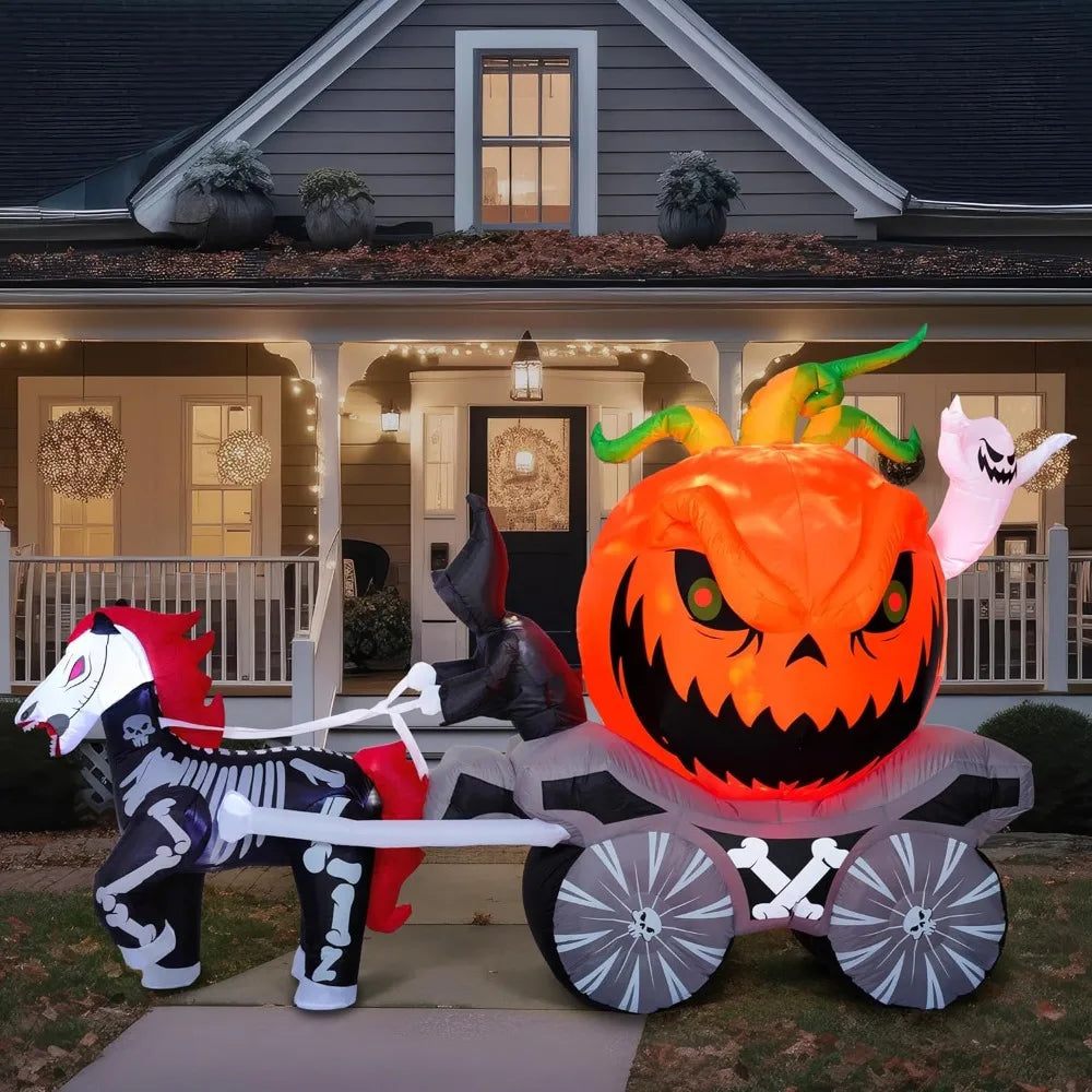 8 Ft Long Halloween Inflatables Pumpkin Carriage Outdoor Decorations Blow Up Pumpkin Carriage with Build-in LEDs Blow Up for Yard, Halloween Inflatables Party Decoration Outside Garden Lawn