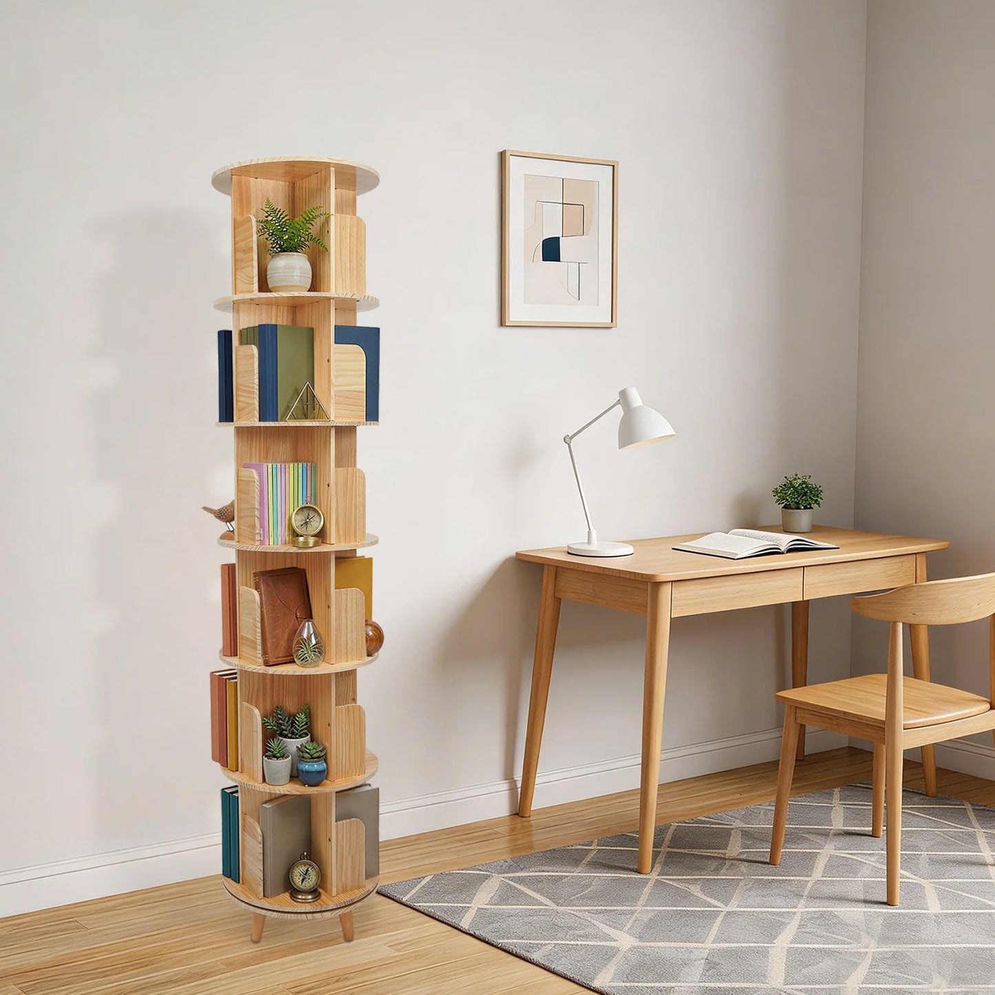6 Tier Pine Wood Bookshelf 360° Rotating Bookcase Storage with Legs Floor Standing Bookshelf Organizer for Storing Books, Precious Souvenirs, Displays, Miniature Potted Plants, Photo Frames