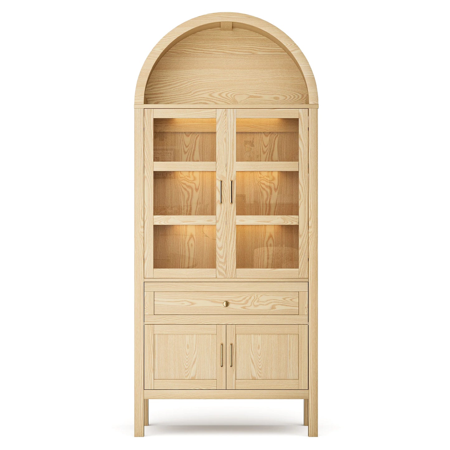 71 Inch Tall Full Wood Arched Storage Cabinet Adjustable Shelves Bookcase with Dimmable LED Lights for Living Room Bedroom