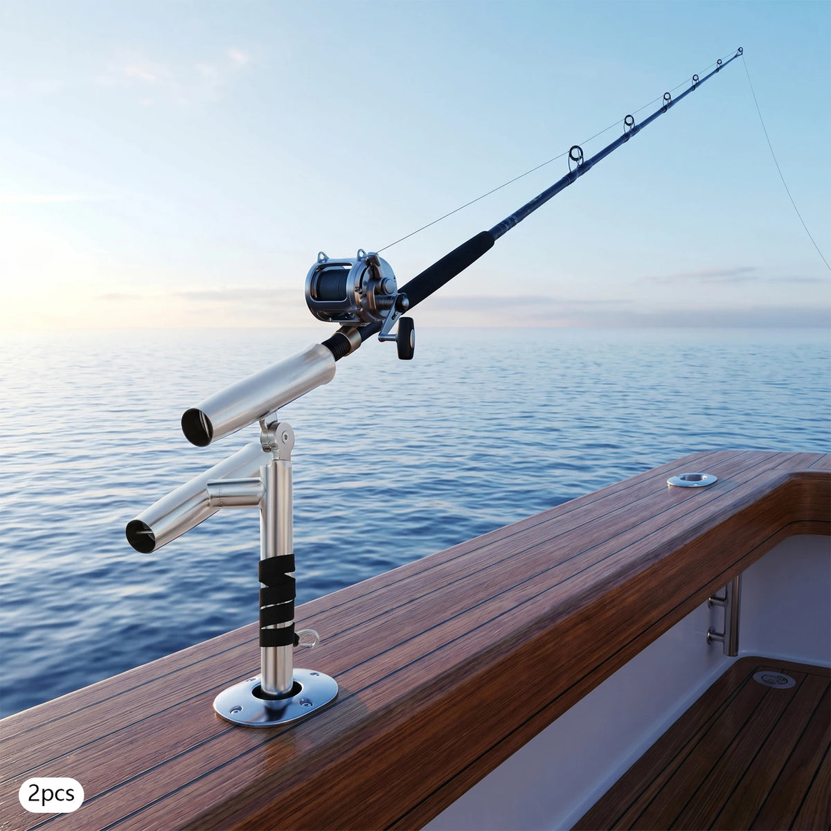 Fishing Rod Holders, 2pcs Double Ended Fishing Rod Holder, Rod Rack, Stainless Steel Adjustable Bracket for Boats, Dual Rod Design, Non-Slip Rubber Padding, 75cm Nylon Strap, Easy Install, Portable Secure Support for Railings