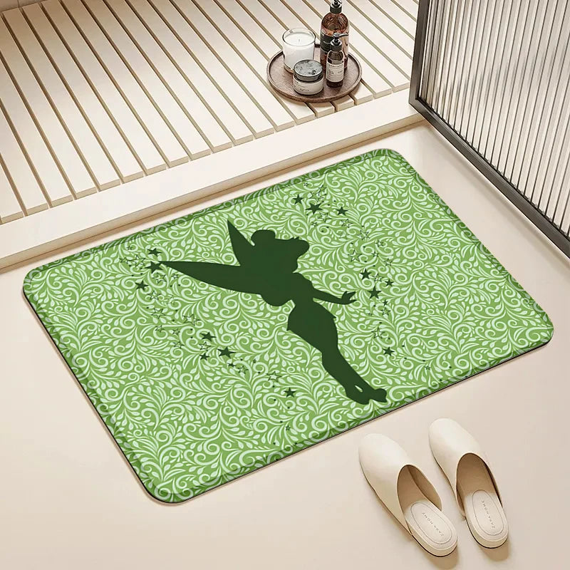 Disney Tinker Bell Green Silhouette Door Mat Non-Slip Absorbent Floor Rug for Home Bathroom Decor