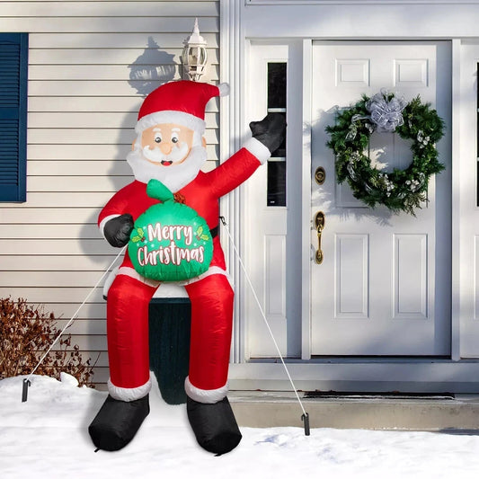 5.6FT Christmas Inflatable Sitting Santa Holding Gift Bags Outdoor Decoration Rooftop Balcony Garden Party Christmas Decor 2026