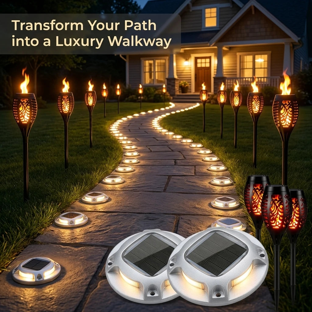 Solar Outdoor Torch And LED Ground Lights For Garden Pathways