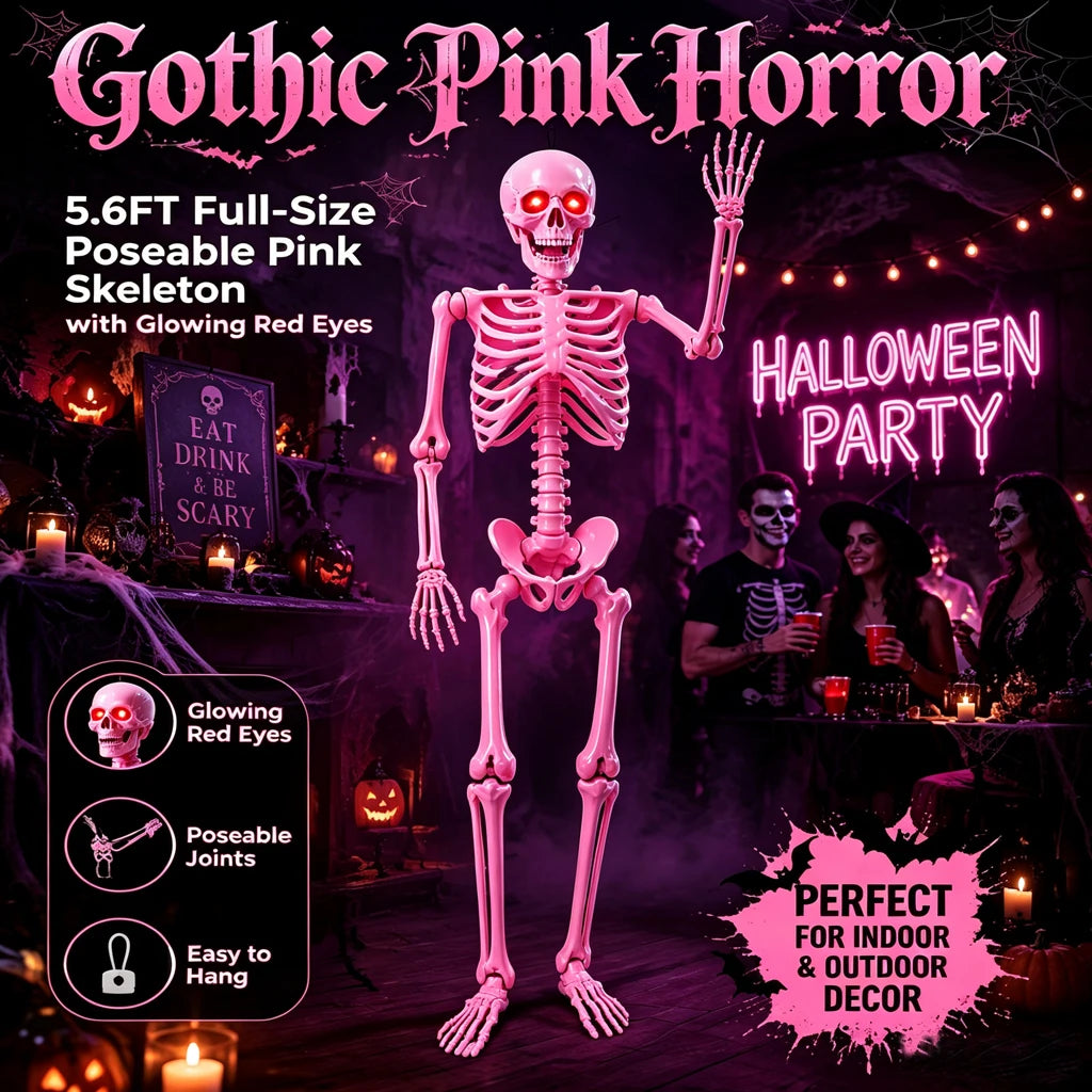 Sound Activated 5.6FT Pink Full Body Posable Skeleton with Glowing Red LED Eyes, Creepy Ghost Voice Halloween Skull Decoration, Movable Joint Plastic Bones for Yard, Haunted House, Cemetery & Spooky Party Indoor Outdoor Decor