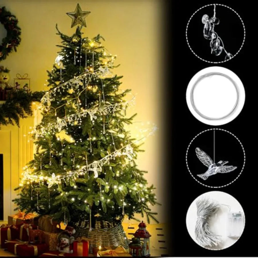 Crystal Christmas Tree Decor Acrylic Crystal LED Fairy Garland Strands with Acrylic Hummingbird Iron Wire 90 Waterdrop Beads Su