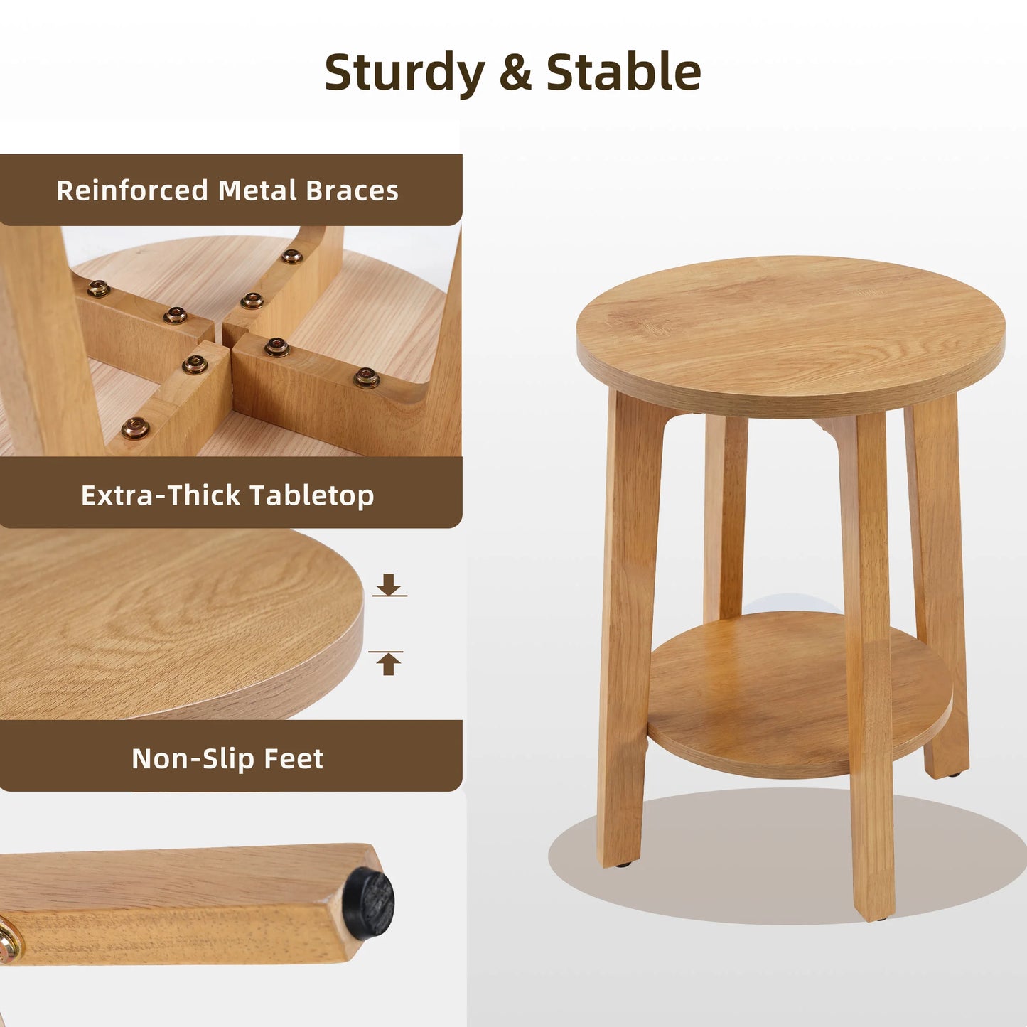 JHK Wood Round Side Tables Coffee Table For Living Room 2-Tier Center Counter with Storage Shelf Bedside Nightstand with Non-Slip Pads