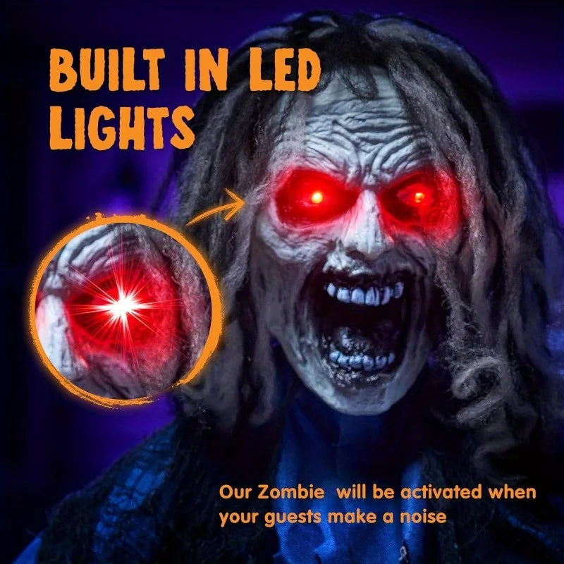 68" Zombie Halloween Decorations Standing Zombie Halloween Animatronics Decor with Chain, Life Size Ghost with Light-up Eyes and Creepy Sound, Animated Halloween Props for Haunted House Patio Yard