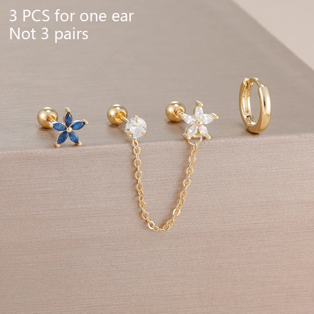 3PCS Stainless Steel Zircon Flower Star Ear Stud Earrings Set 14K Gold Plated Chain Cartilage Piercing Earring Women's Jewelry