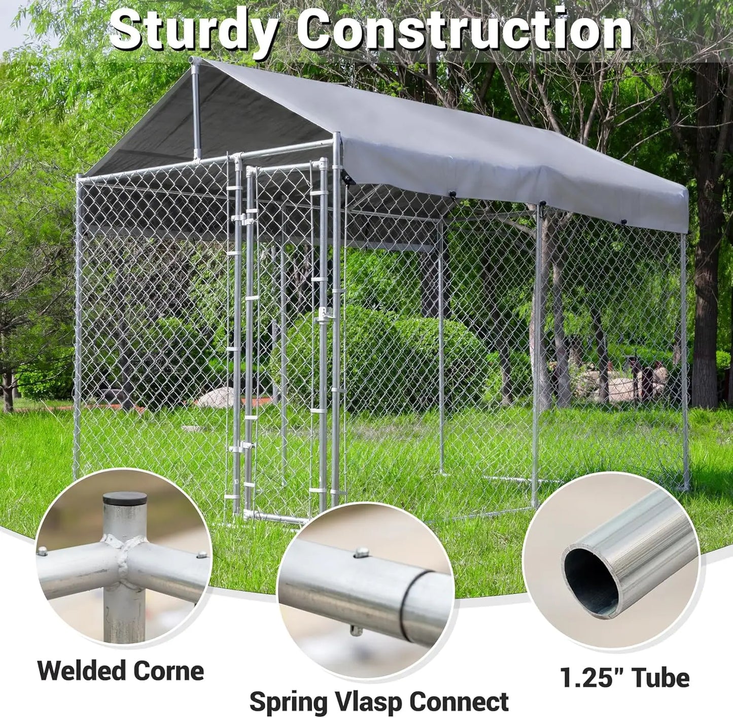 Outdoor Dog Kennel With Roof Galvanized Chain Link UV Cover And Lock