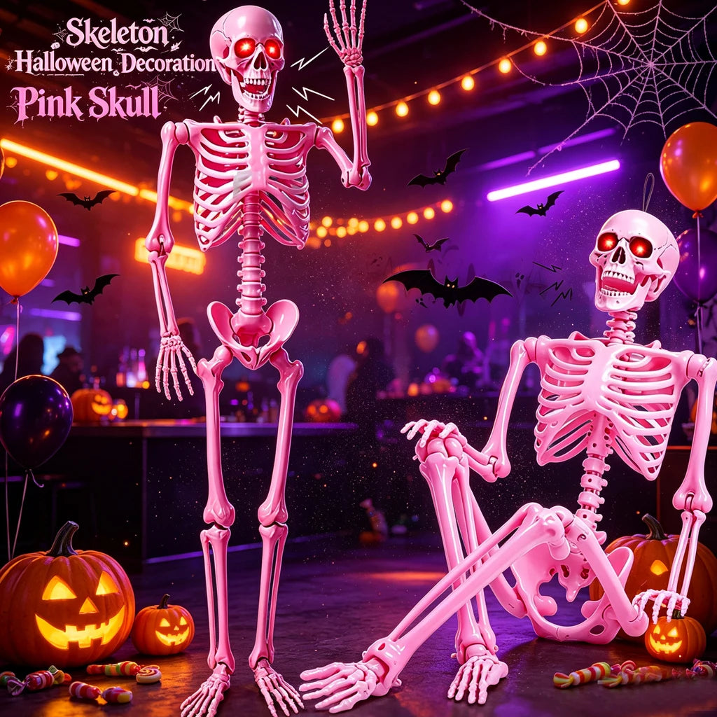 Sound Activated 5.6FT Pink Full Body Posable Skeleton with Glowing Red LED Eyes, Creepy Ghost Voice Halloween Skull Decoration, Movable Joint Plastic Bones for Yard, Haunted House, Cemetery & Spooky Party Indoor Outdoor Decor