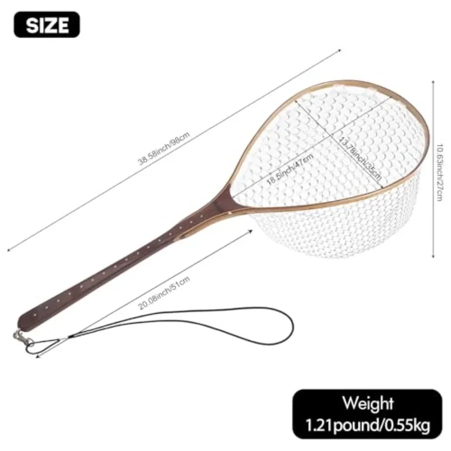 Fly Fishing Net for Freshwater Saltwater Use: Wooden Handle, Black Rubber Mesh, Soft Landing Safety Design Ideal Gift for Men F