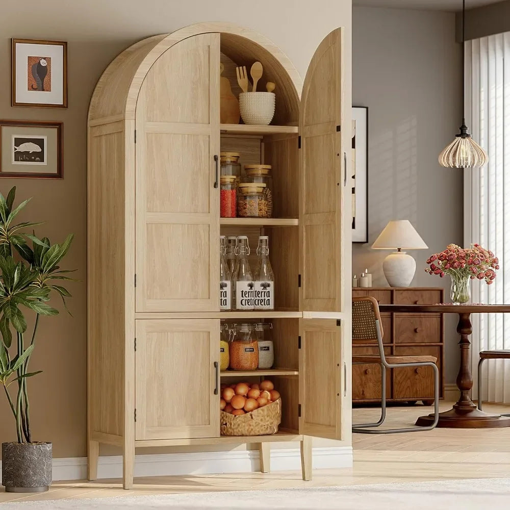 Wooden Arched Pantry Cabinet With Doors 5-Tier Farmhouse Storage For Kitchen Use