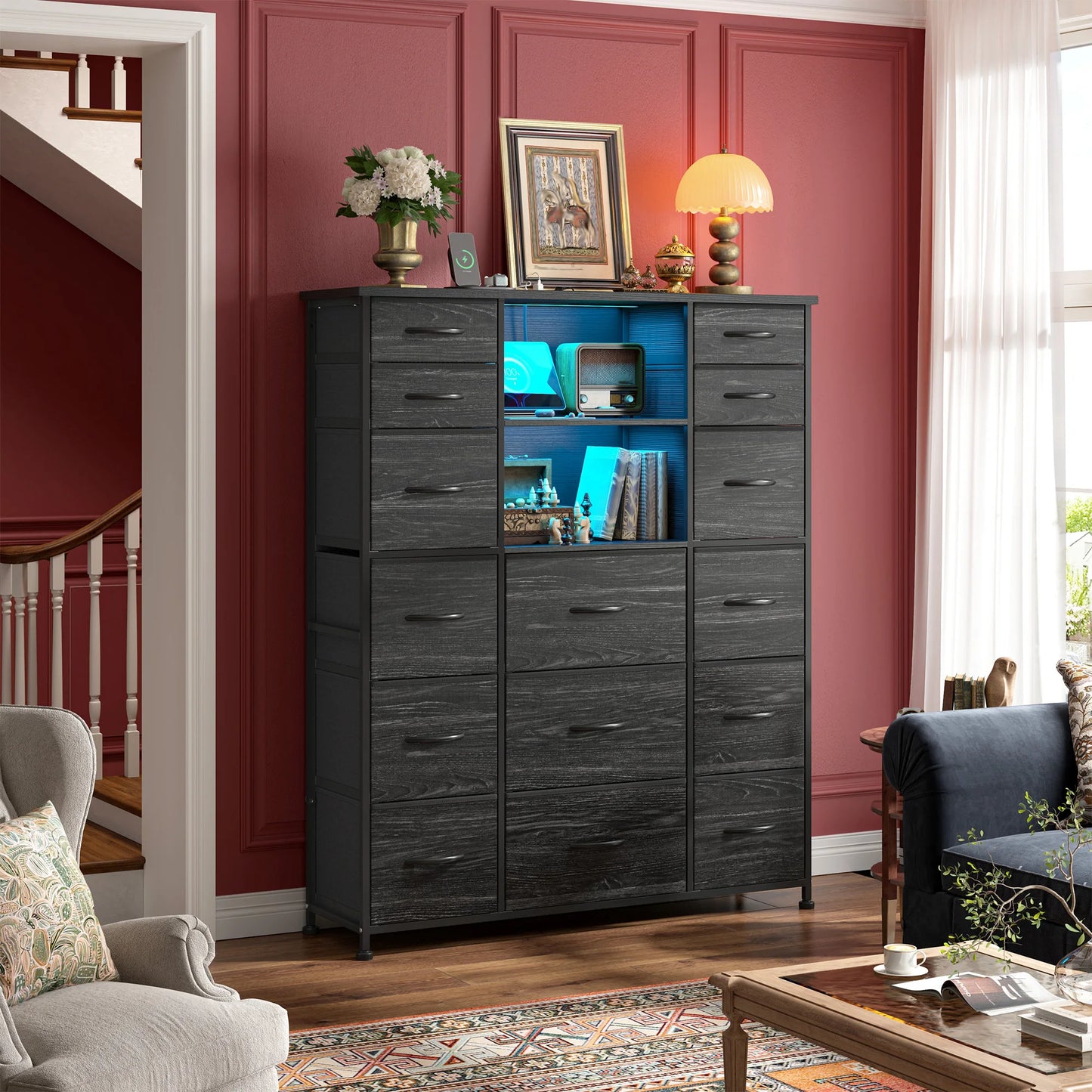 EnHomee 15 Fabric Drawers Storage Organizer With Charging Station LED Hutch