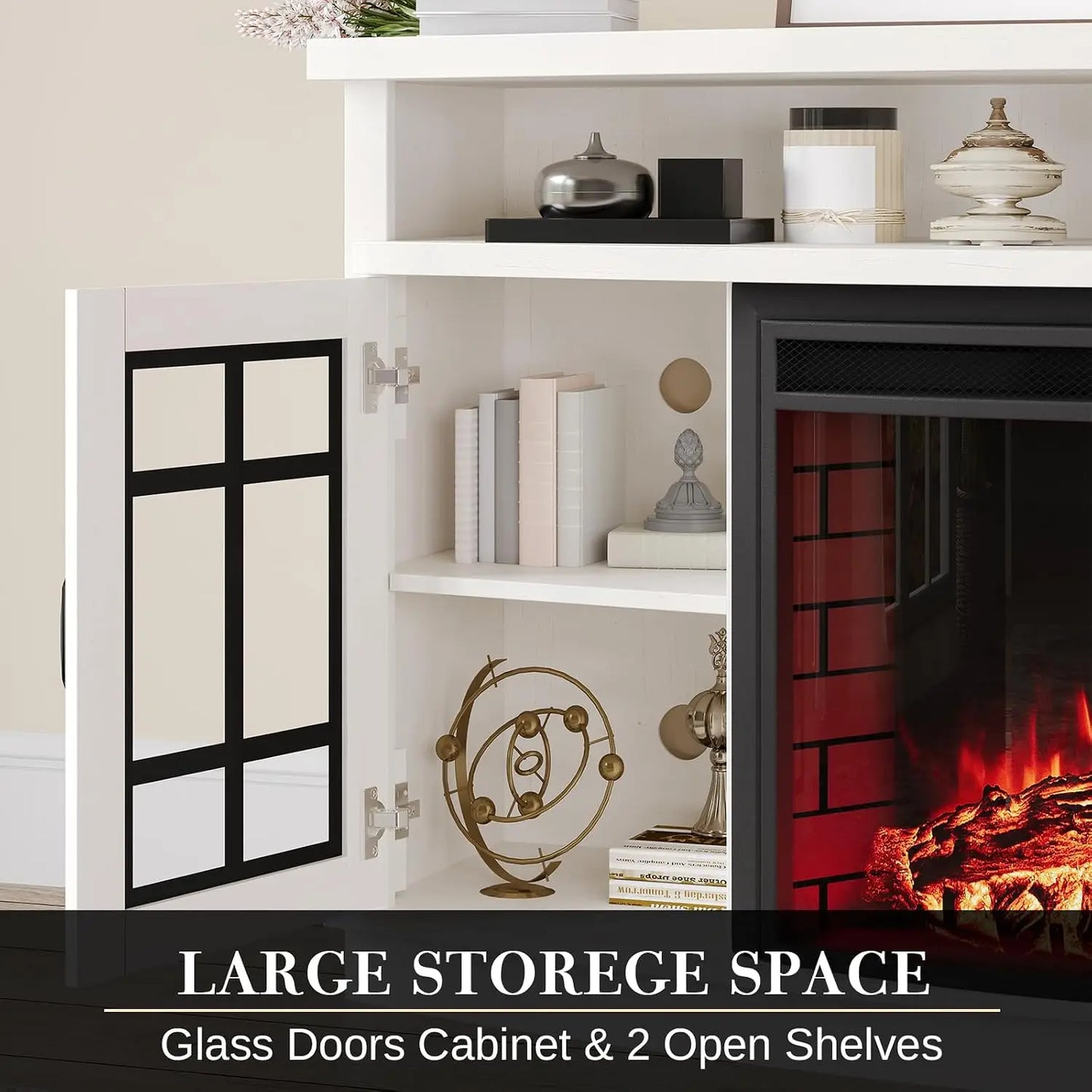 Curved TV Cabinet With Electric Fireplace And Farmhouse Glass Doors