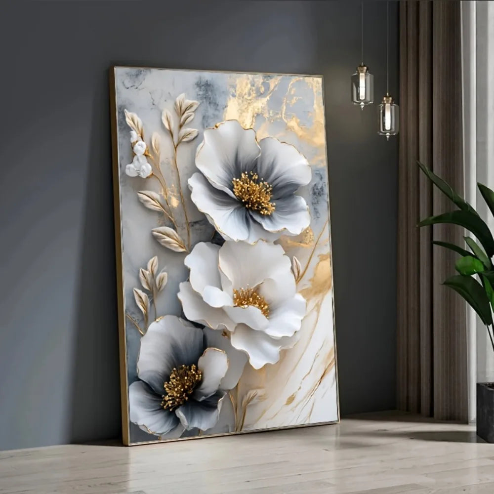 Luxurious Floral Canvas Mural Framed 3D Painting For Living Room