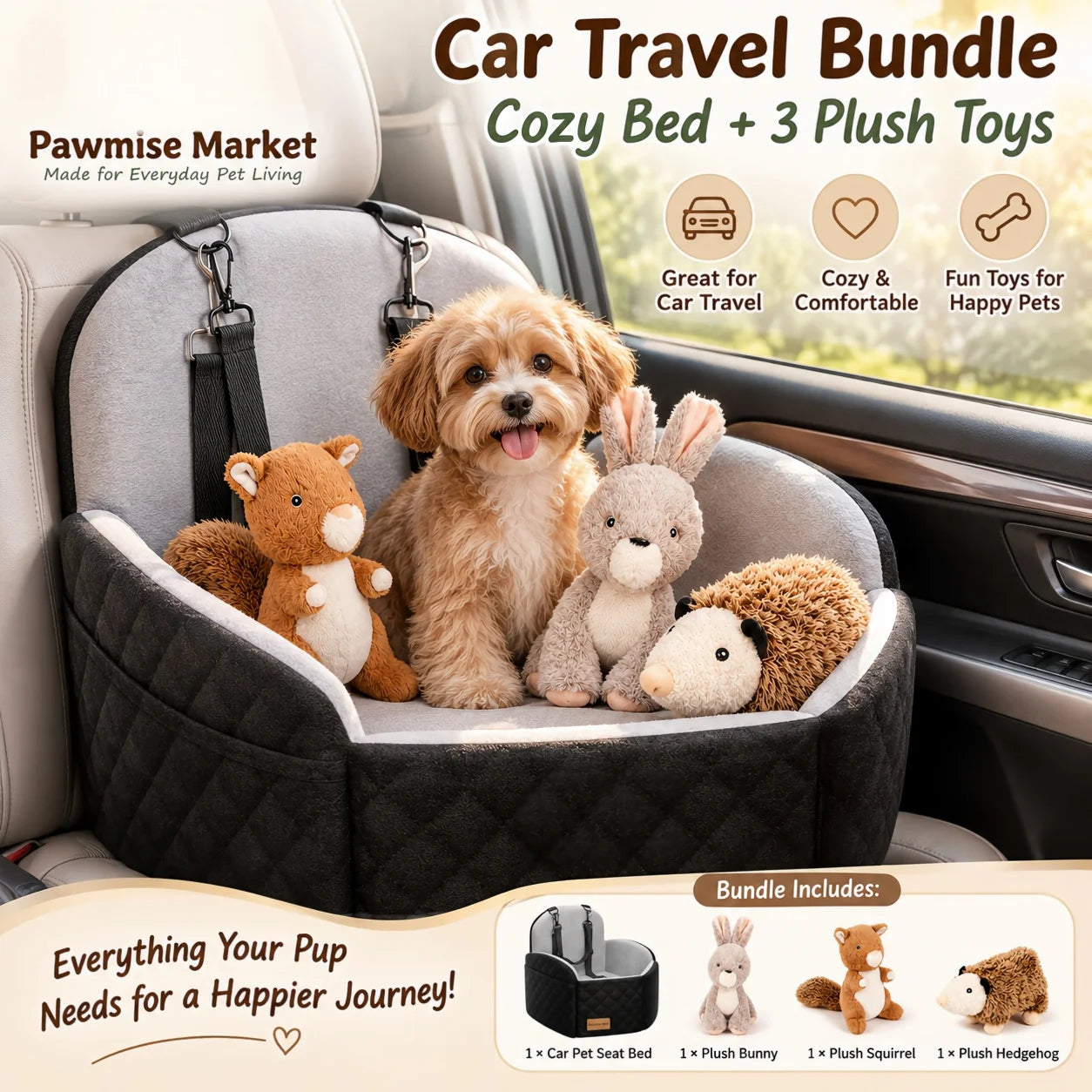 Compact Dog Car Seat Bed With Washable Cushion Travel Straps
