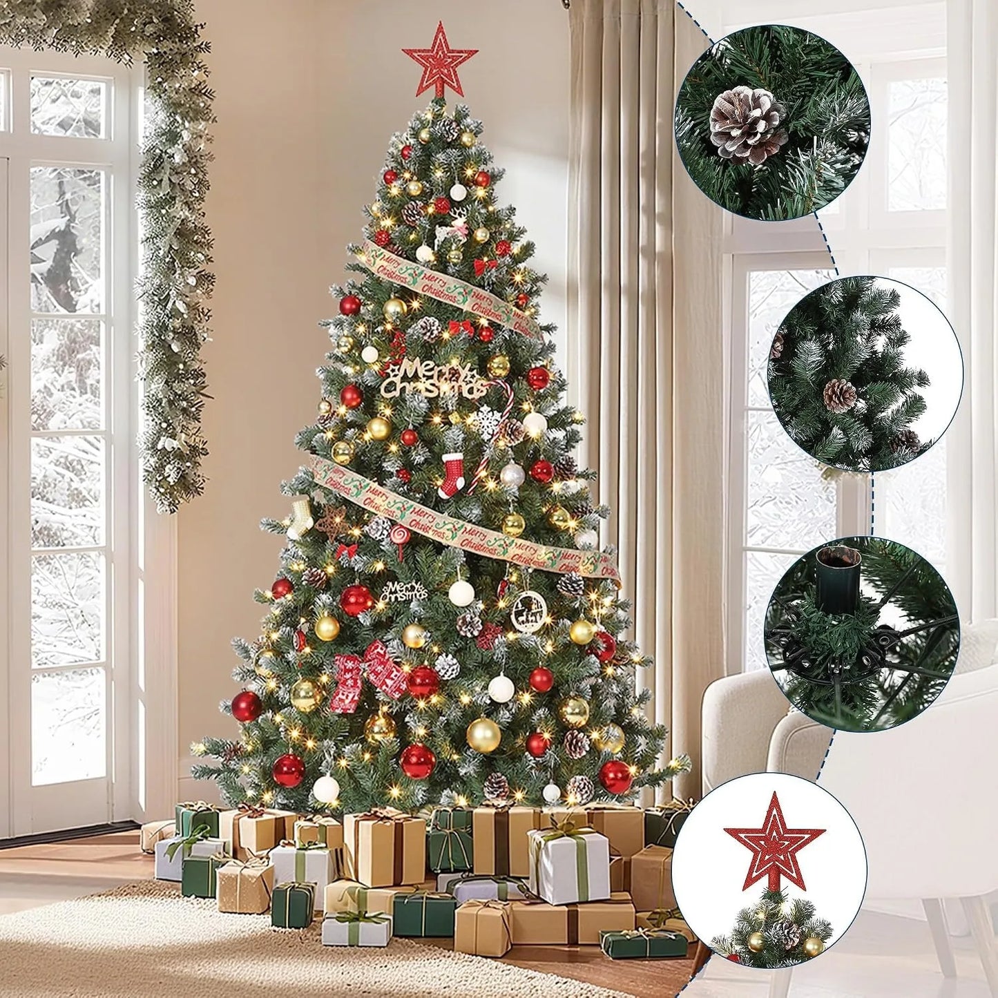 6 Ft Pre-Lit Pencil Snow Flocked Spruce Artificial Christmas Tree with Pine Cones & Foldable Stand, Slim Green-White Xmas Tree for Indoor Holiday Decoration