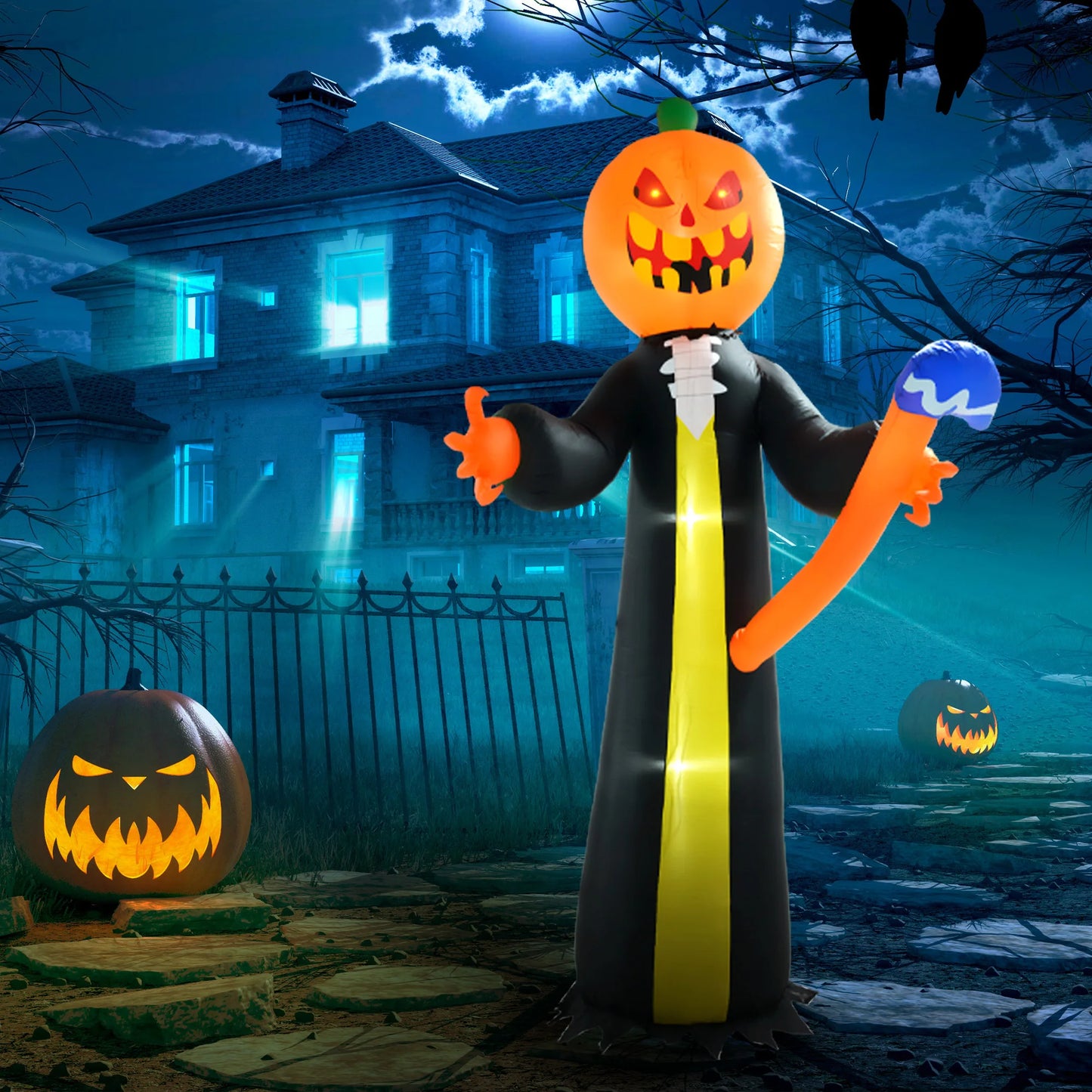 10ft Inflatable Halloween Pumpkin Head Ghost with Hammer, Blow Up LED  Display for Garden Indoor Outdoor