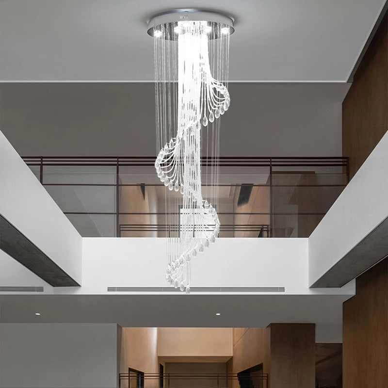 Modern Crystal Spiral Chandelier LED Hanging Lamp For Staircase Decor