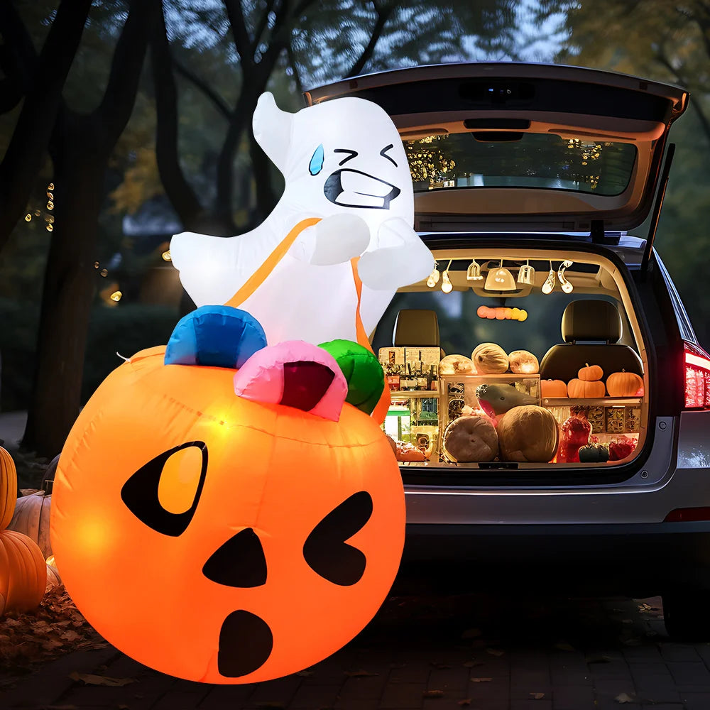 5 FT Tall Halloween Inflatables Outdoor Decorations Inflatable Cute Ghost Halloween Decor Outdoor Blow Up Ghost Lift Pumpkin Candy Bag with Build-in LEDs for Yard Decorations