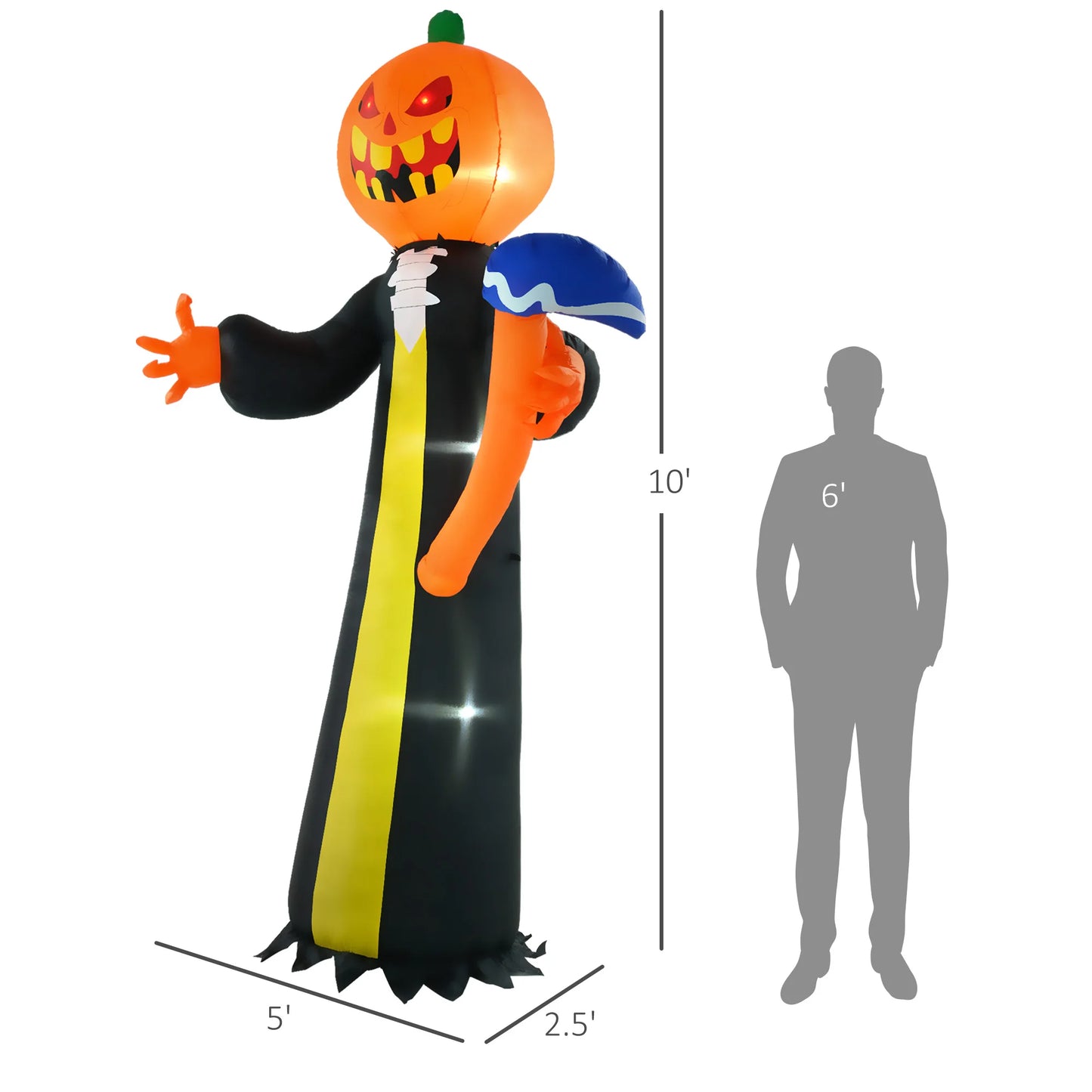 10ft Inflatable Halloween Pumpkin Head Ghost with Hammer, Blow Up LED  Display for Garden Indoor Outdoor