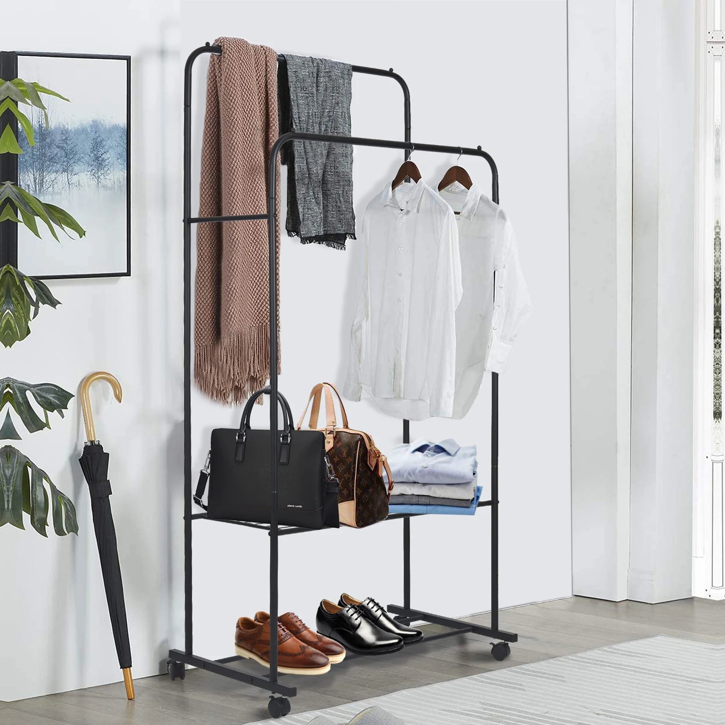 BINGOPAW Double Rail Rolling Clothes Rack and Shoes Storage Shelf